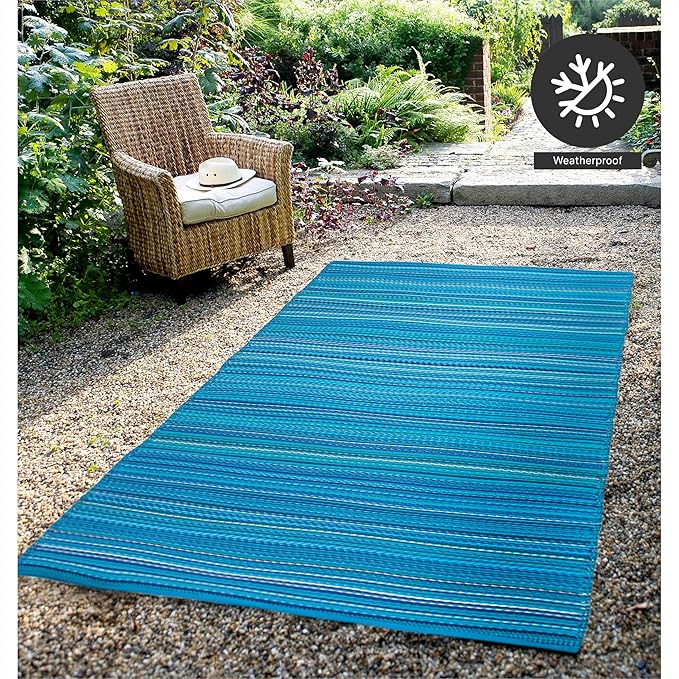 FH Home Outdoor Camping Rug - Waterproof, Fade Resistant, Reversible - Premium Recycled Plastic - Striped - Picnic, Patio, Deck, Sunroom, RV - Havana - Turquoise - 4 x 6 ft Foldable