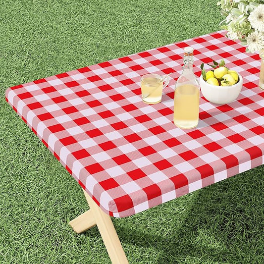 misaya Buffalo Rectangle Picnic Tablecloth, 8 Foot Elastic Fitted Vinyl Table Cloth with Flannel Backing, Waterproof Plaid Table Covers for Dining, Camping, Outdoor (Red and White, 30" x 96")