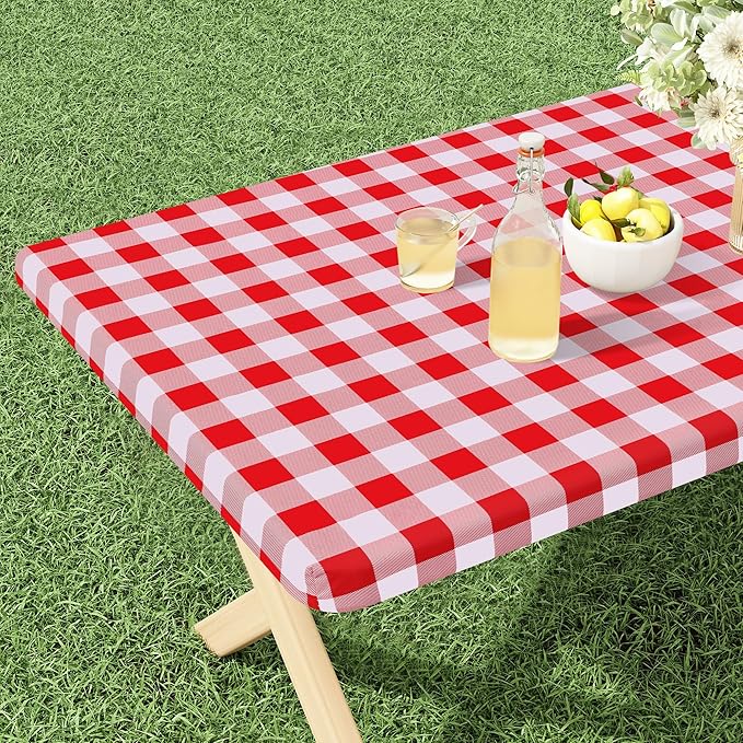 misaya Buffalo Rectangle Picnic Tablecloth, 6 Foot Elastic Fitted Vinyl Table Cloth with Flannel Backing, Waterproof Plaid Table Covers for Dining, Camping, Outdoor (Red and White, 30" x 72")