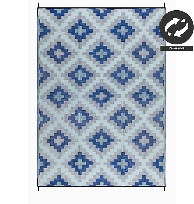 FH Home Outdoor Camping Rug - Waterproof, Fade Resistant, Reversible - Premium Recycled Plastic - Geometric - Large Patio, Deck, Sunroom, RV - Aztec Kilim - Blue Multi - 9 x 12 ft Foldable