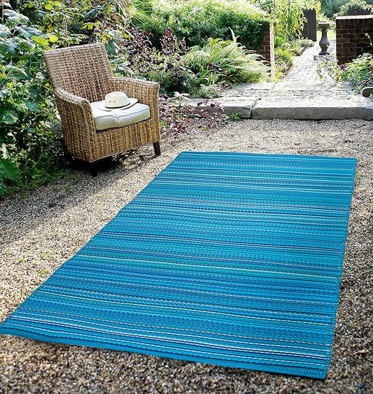 FH Home Outdoor Rug - Waterproof, Fade Resistant, Reversible - Premium Recycled Plastic - Striped - Large Patio, Deck, Sunroom, Camping, RV - Havana - Turquoise Crease Free - 6 x 9 ft