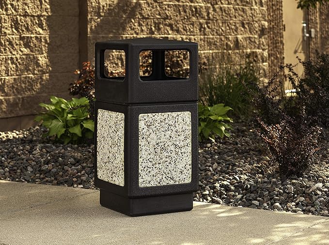 Safco Canmeleon Trash Can, 38 Gallons, Indoor and Outdoor Use, Durable & Weather-Resistant Commercial Garbage Can with Stone Panels, Black