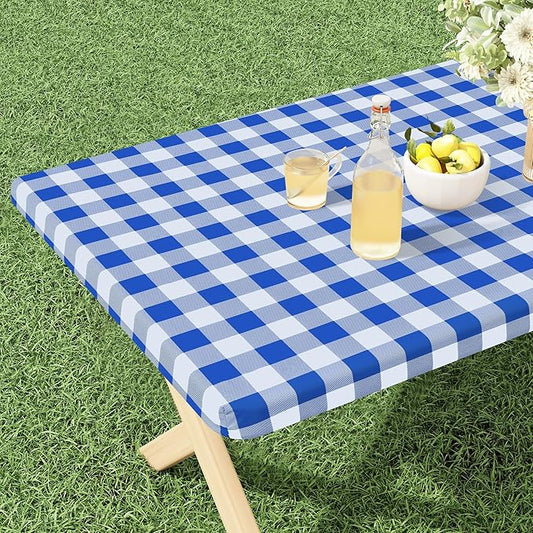 misaya Buffalo Rectangle Picnic Tablecloth, 4 Foot Elastic Fitted Vinyl Table Cloth with Flannel Backing, Waterproof Plaid Table Covers for Dining, Camping, Outdoor (Blue and White, 24" x 48")