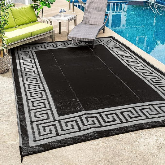 FH Home Outdoor Camping Rug - Waterproof, Fade Resistant, Reversible - Premium Recycled Plastic - Greek Border - Large Patio, Deck, Sunroom, RV - Athens - Black & White - 9 x 12 ft Foldable