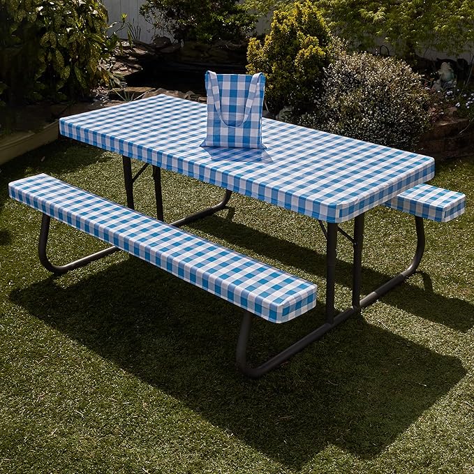 Hudson Comfort Picnic Table Cover with Bench Covers – 500 GSM Reusable Heavy Duty Vinyl Outdoor Table Cover - Waterproof Picnic Tablecloth with Carry Case - Blue (72 Inch 6 Feet)