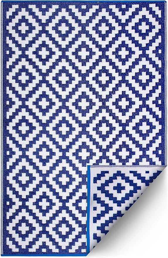 FH Home Outdoor Rug - Waterproof, Fade Resistant, Reversible - Premium Recycled Plastic - Geometric - Porch, Deck, Balcony, Mudroom, Laundry Room, Patio - Aztec - Blue & White Crease Free - 3 x 5 ft