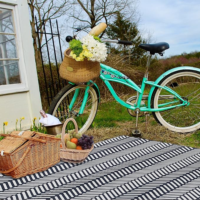 FH Home Outdoor Camping Rug - Waterproof, Fade Resistant, Reversible - Premium Recycled Plastic - Herringbone - Large Patio, Deck, Sunroom, RV - Fresno - Navy - 9 x 12 ft Foldable