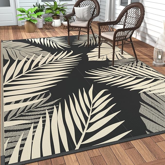 GENIMO Outdoor Rug 6' x 9' Waterproof for Patios Clearance, Reversible Outdoor Plastic Straw Camping Rug Carpet, Large Area Rugs Mats for RV, Camper, Deck, Balcony, Porch, Beach, Picnic, Black&Beige