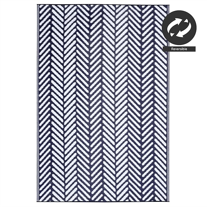 FH Home Outdoor Rug - Waterproof, Fade Resistant, Reversible - Premium Recycled Plastic - Herringbone - Patio, Porch, Deck, Balcony - Fresno - Navy Crease Free - 5 x 8 ft